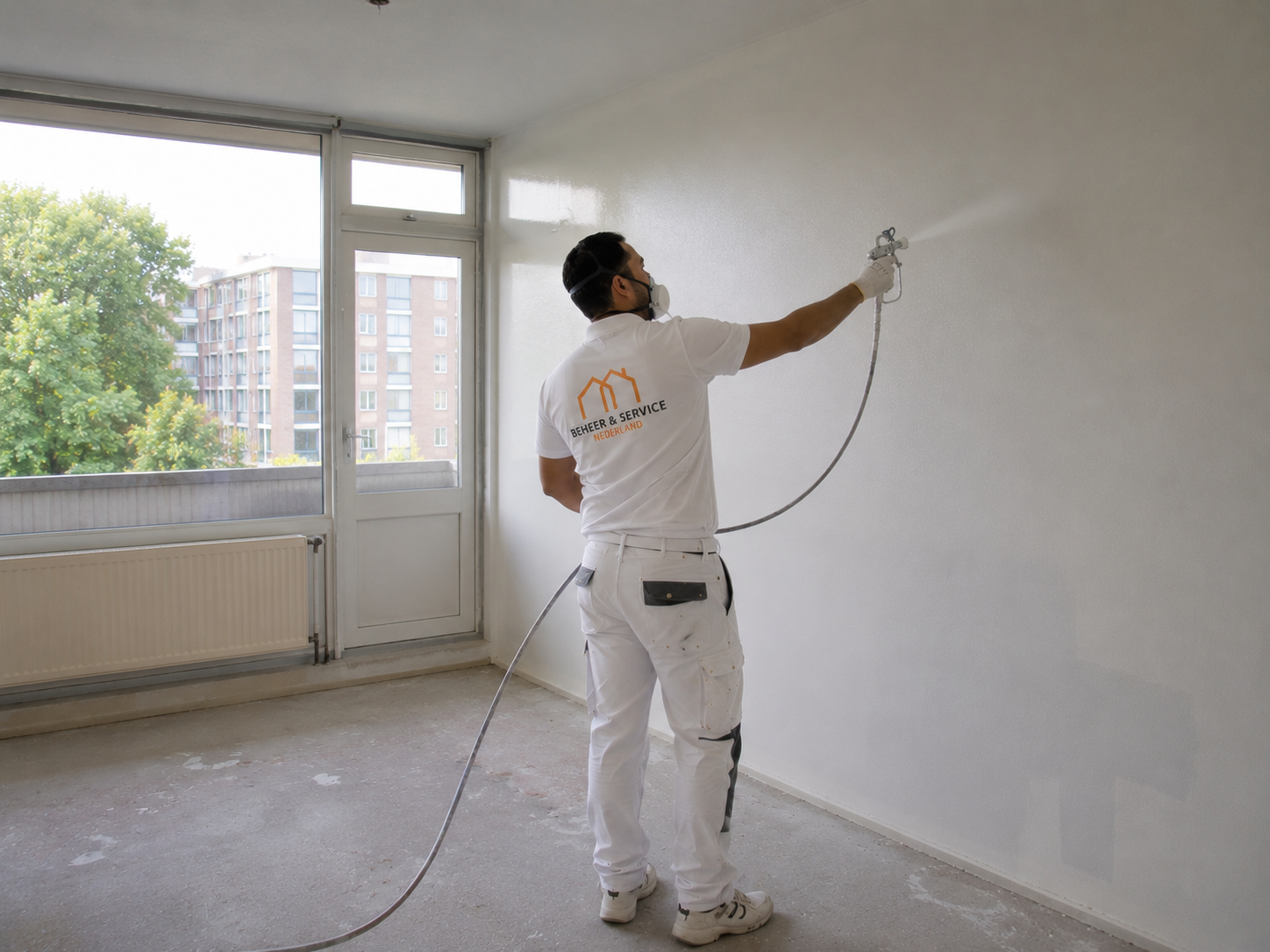 Schilder spuit latex op een wand in een leeg appartement in Buitenveldert