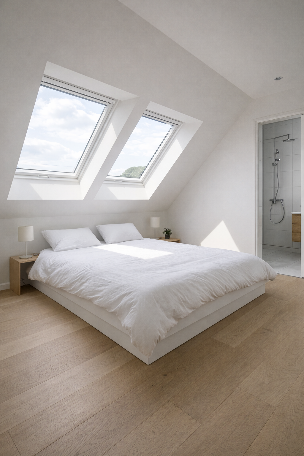 Lichte master bedroom met ensuite badkamer in gerealiseerde dakopbouw, veel daglicht door dakramen