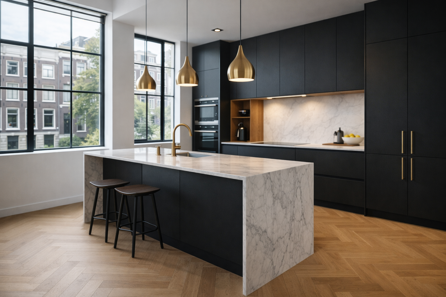 Luxe maatwerk keuken met natuursteen werkblad