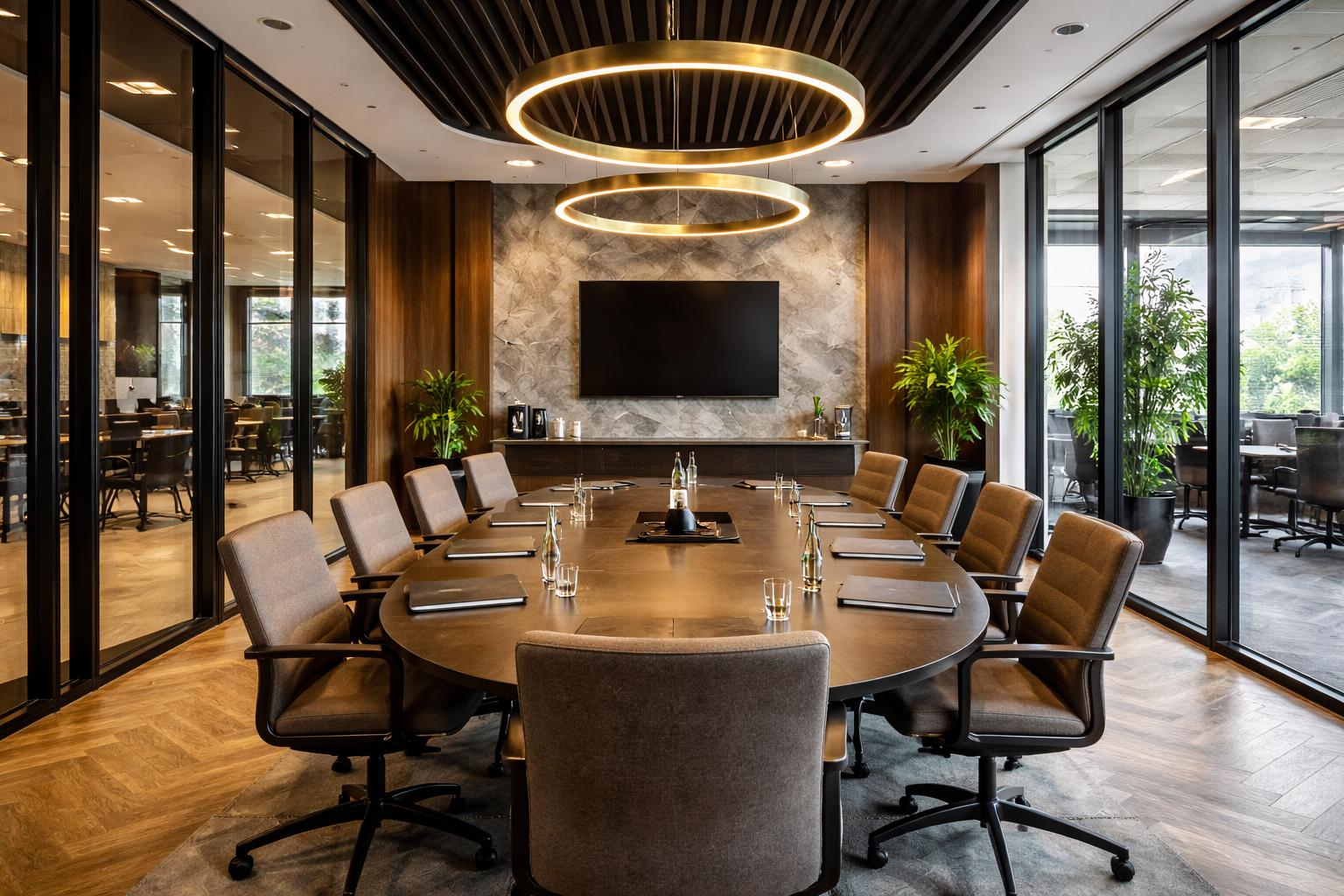 Professionele vergaderruimte met glazen wanden en moderne inrichting