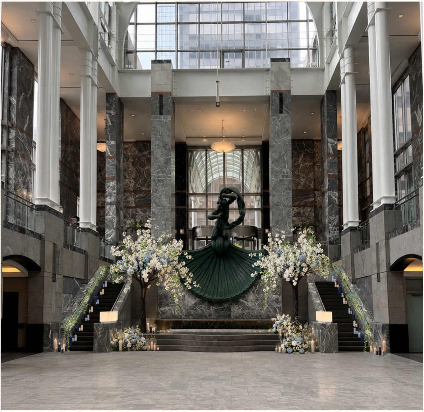 Design concept for two flowering ceremony trees framing a wedding ceremony.