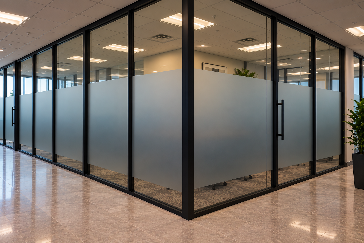 Corporate office with frosted glass partitions