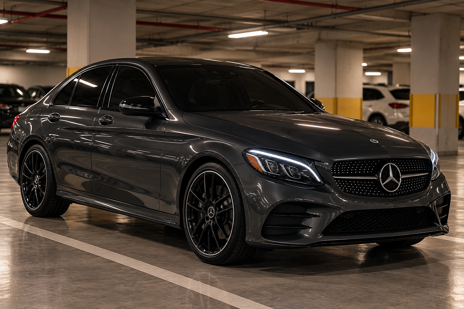 Mercedes sedan with tinted windows in a parking garage