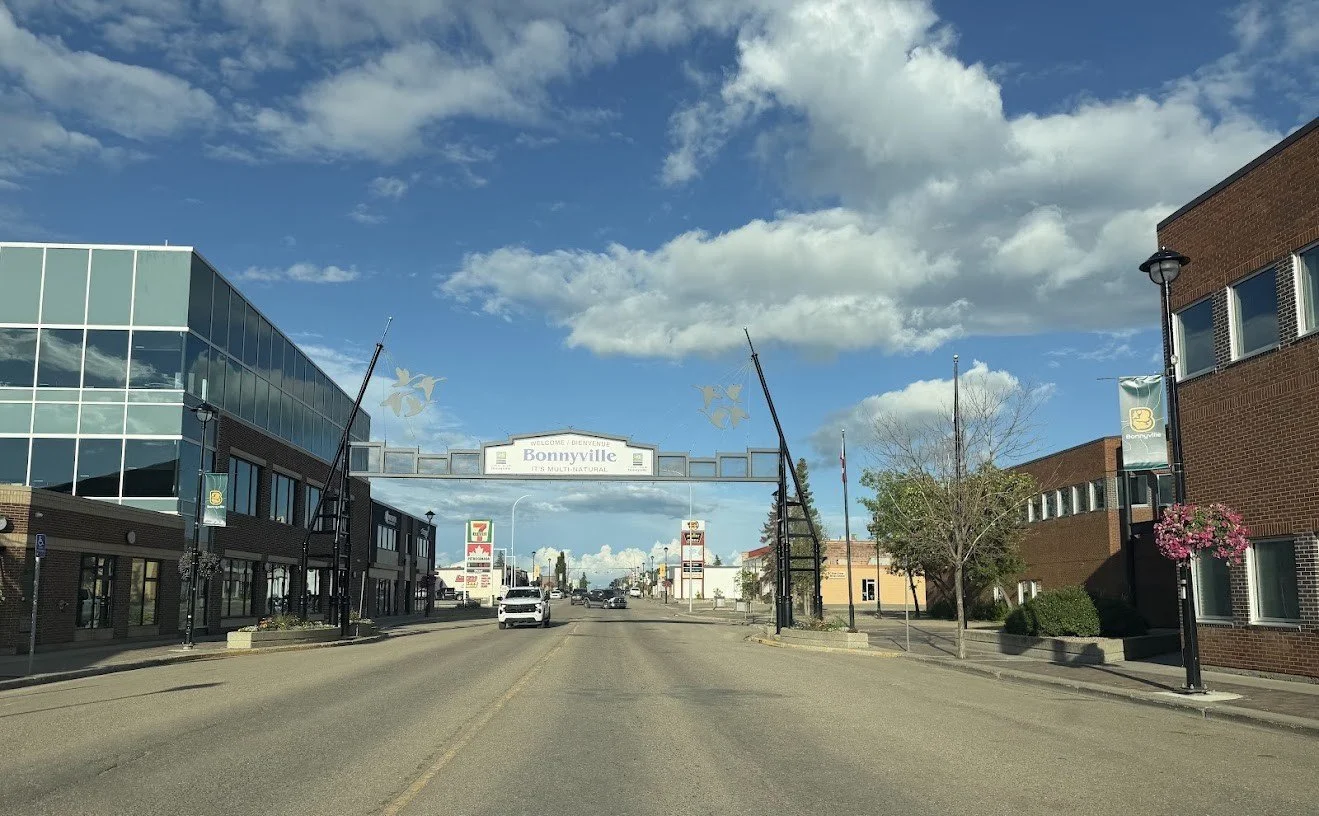 Main street in downtown Bonnyville under the Bonnyville sign