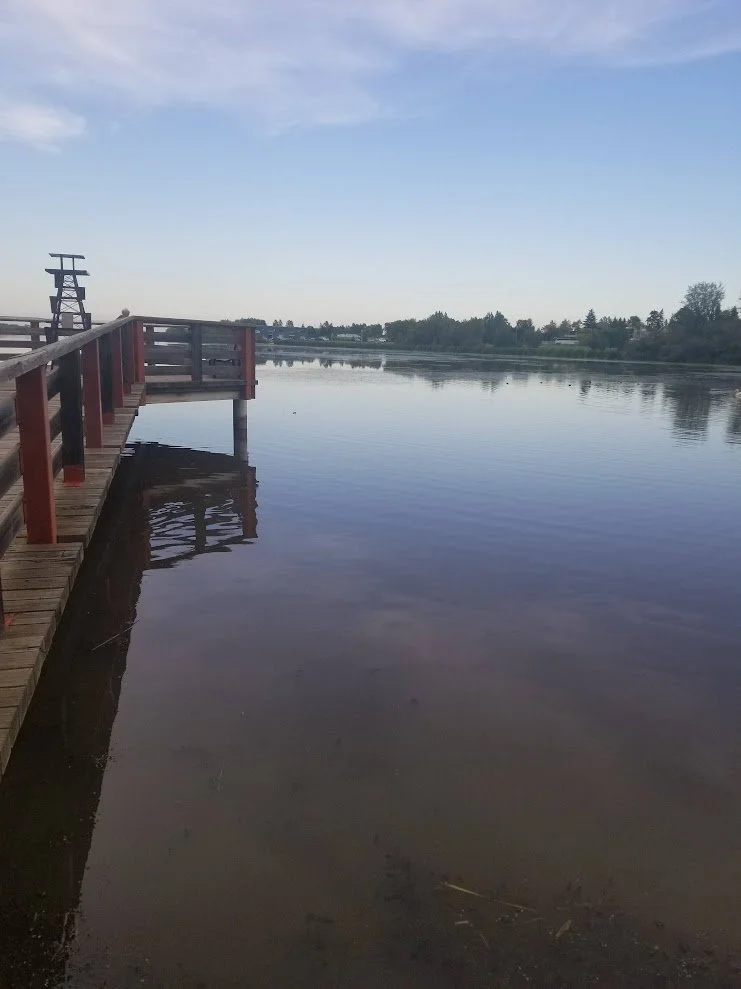 Boardwalk on Telford Lake in Leduc on a calm day