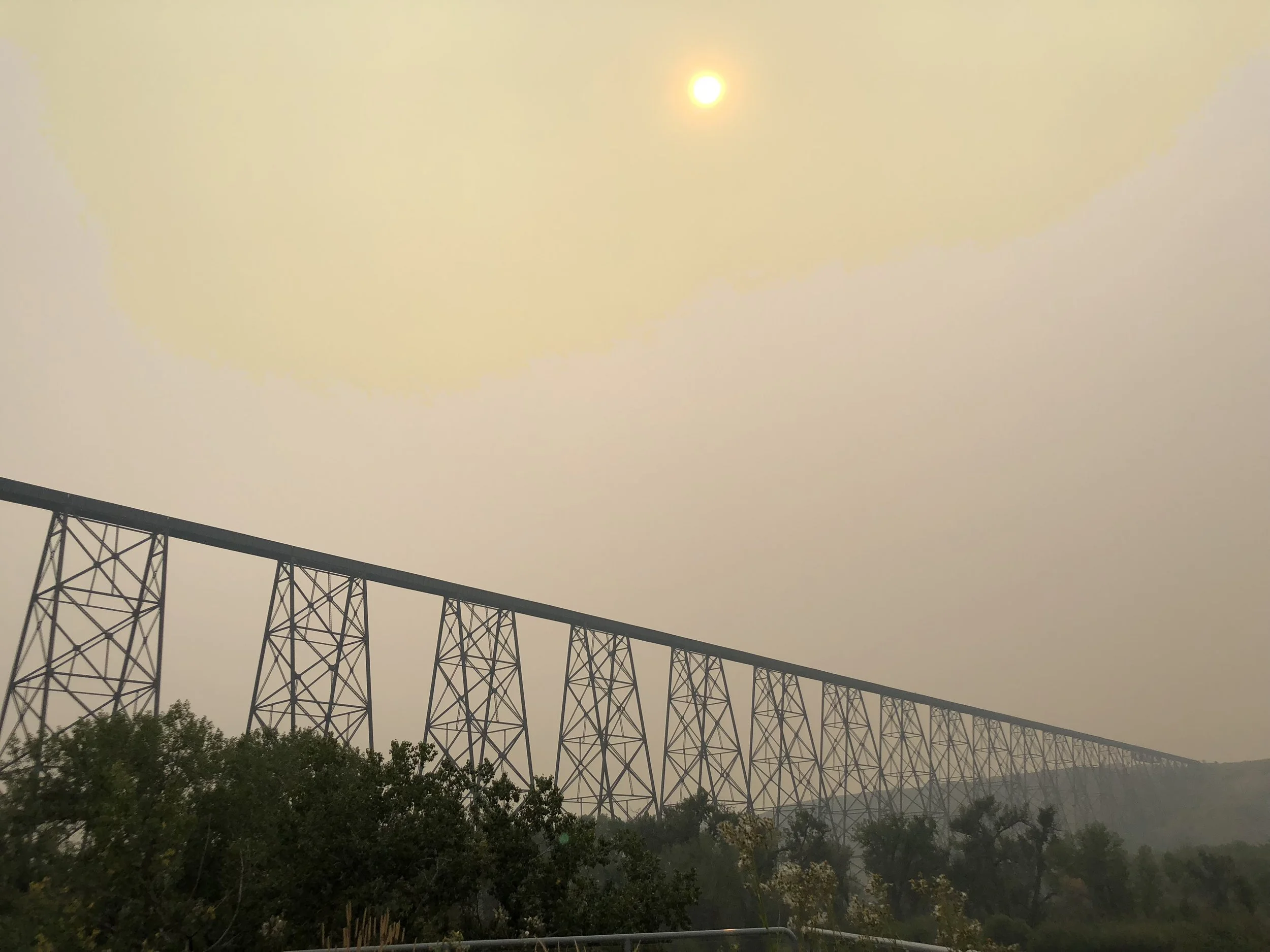The High Level Bridge in Lethbridge under a hazy sky