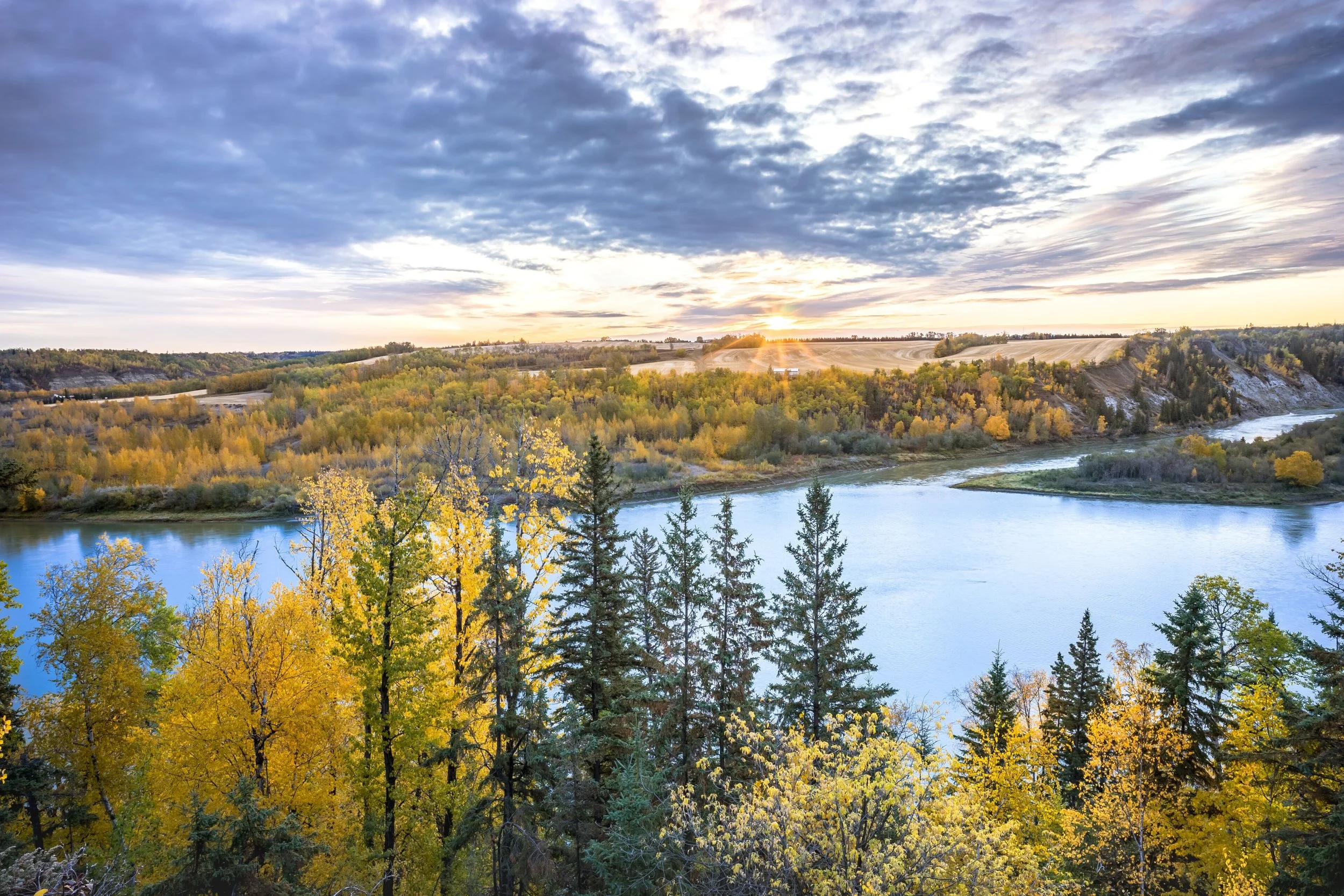 River valley with autumn spruce and aspen near Drayton Valley