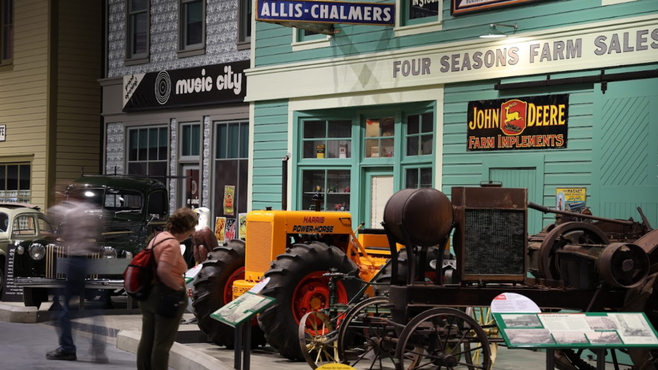 Vintage tractors and storefronts at the Reynolds museum in Wetaskiwin