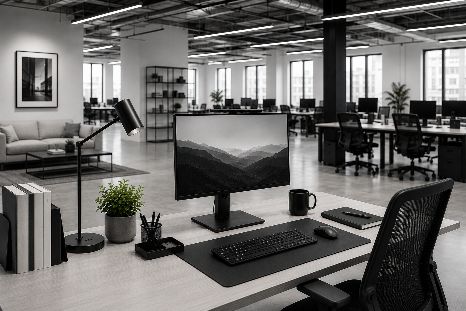 Modern monochrome office workstation with desktop monitor and open workspace