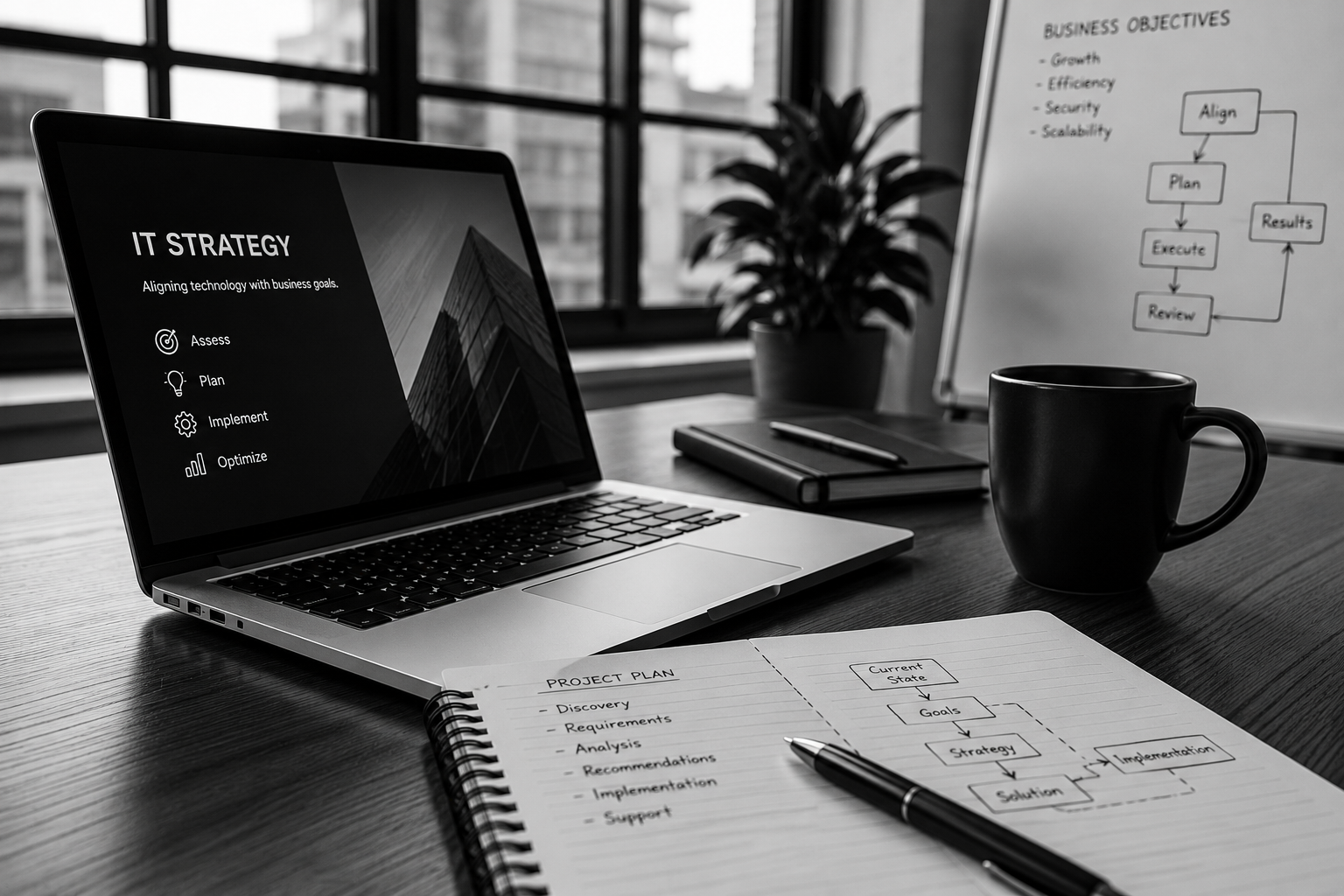 Monochrome laptop showing IT strategy planning with project notes