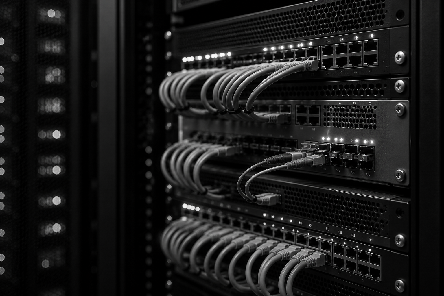 Monochrome server rack with network switches and connected cables