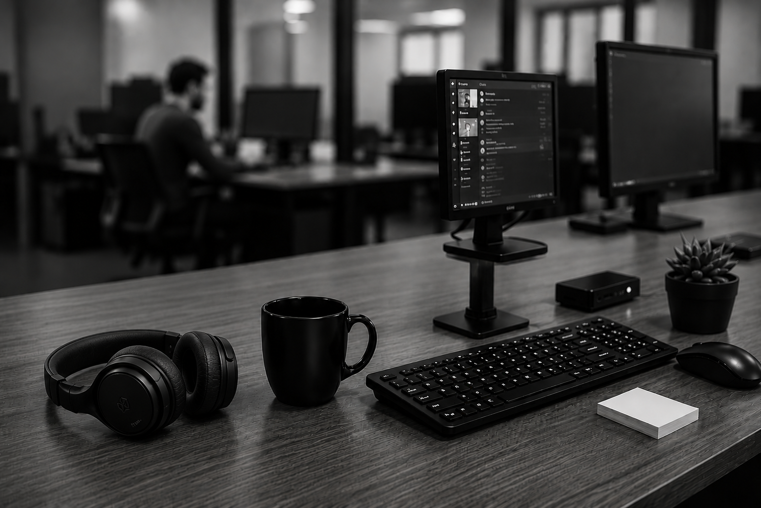 Monochrome office workstation with support desk equipment and computer monitors