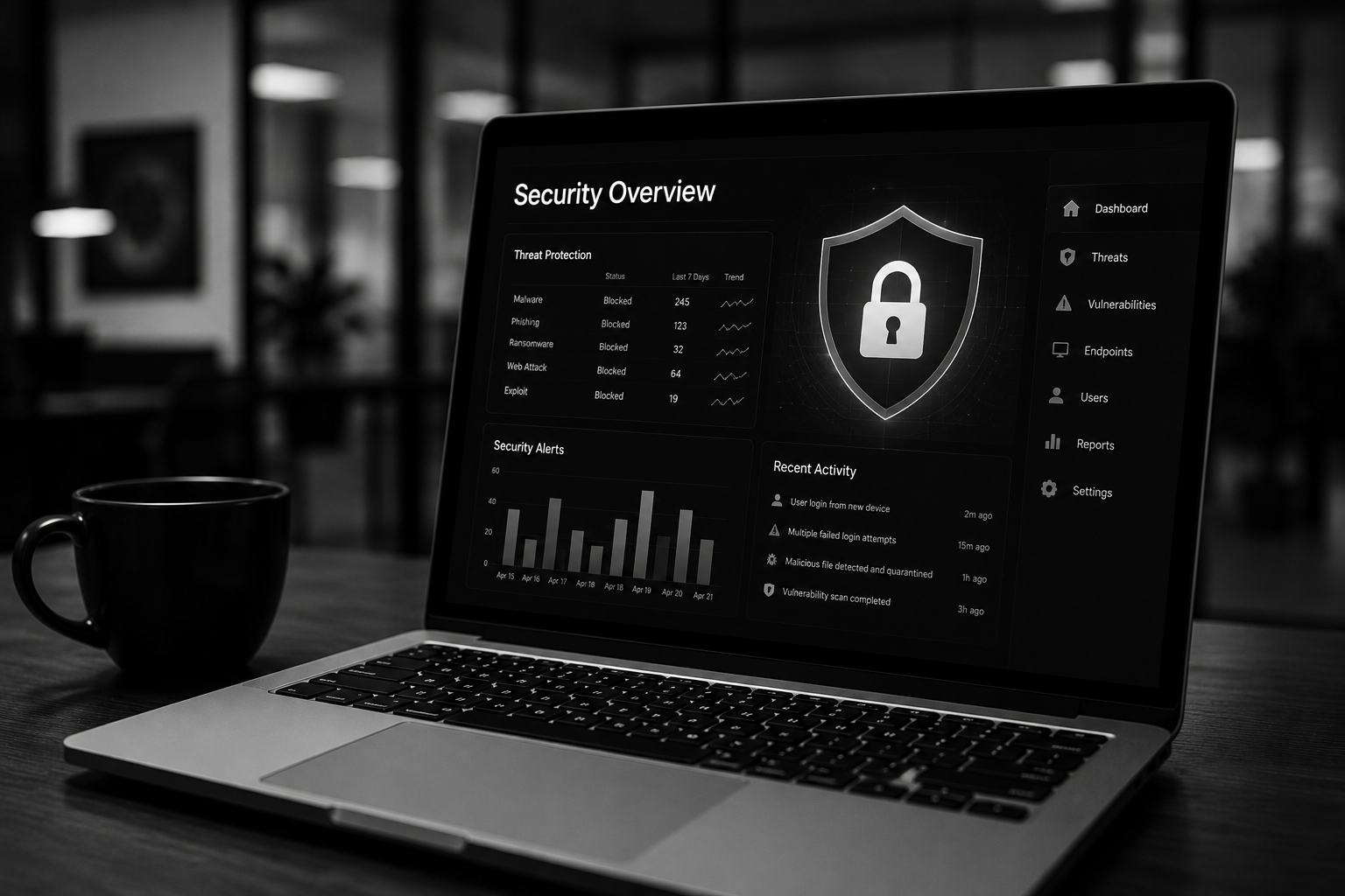 Monochrome laptop displaying a security overview dashboard