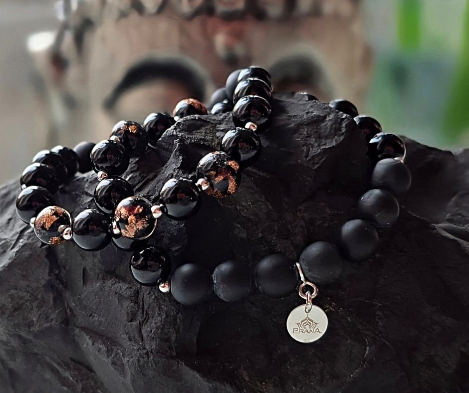 Schwarzer Turmalin Heilstein-Armband mit Murano-Glas - Limitierte Venezianische Nacht Kollektion - Handgefertigt von PRANA Edelsteine