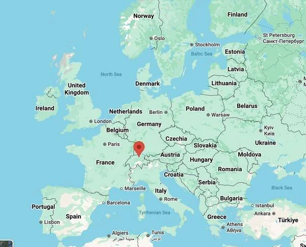 Map of Europe with Zurich, Switzerland pinned