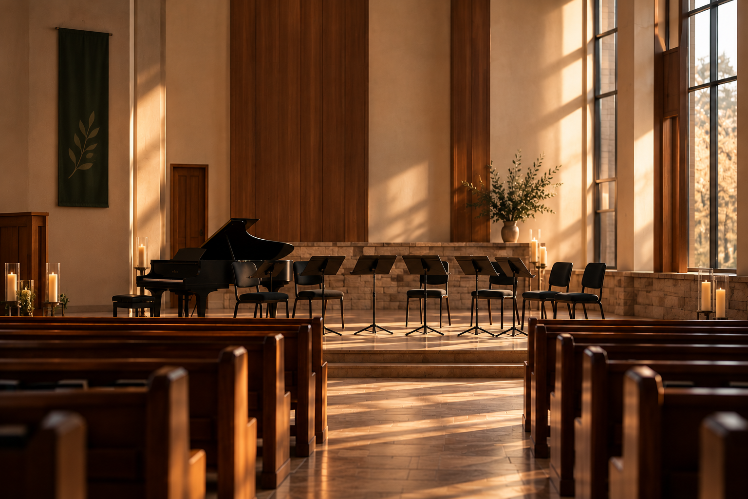A welcoming concert space with piano and music stands