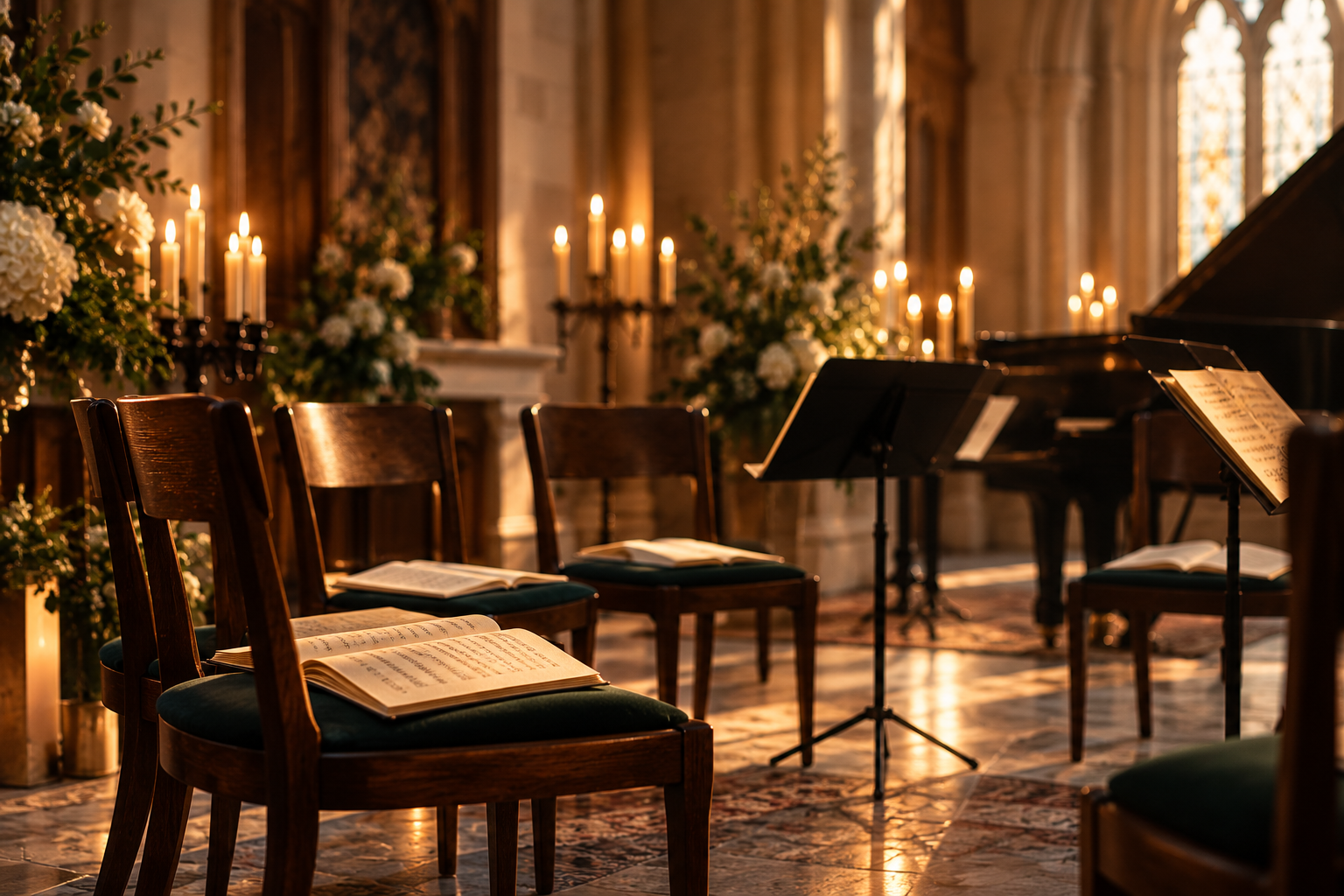 An intimate chamber music setting prepared for a performance