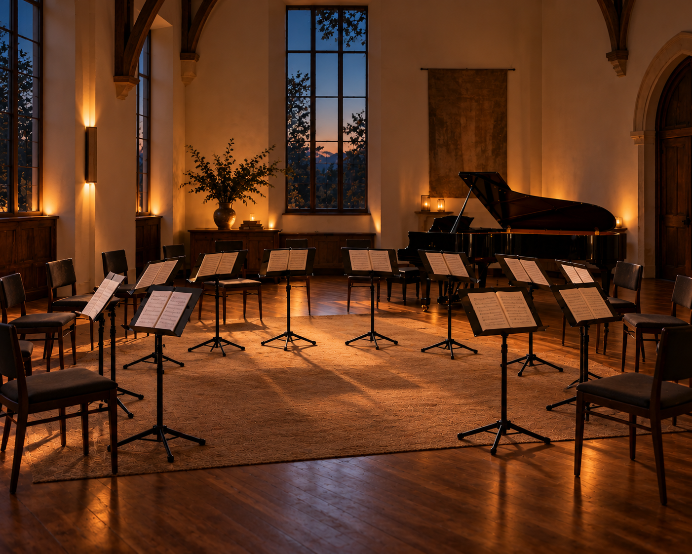An intimate musical setting with chairs, music stands, and a piano in warm natural light