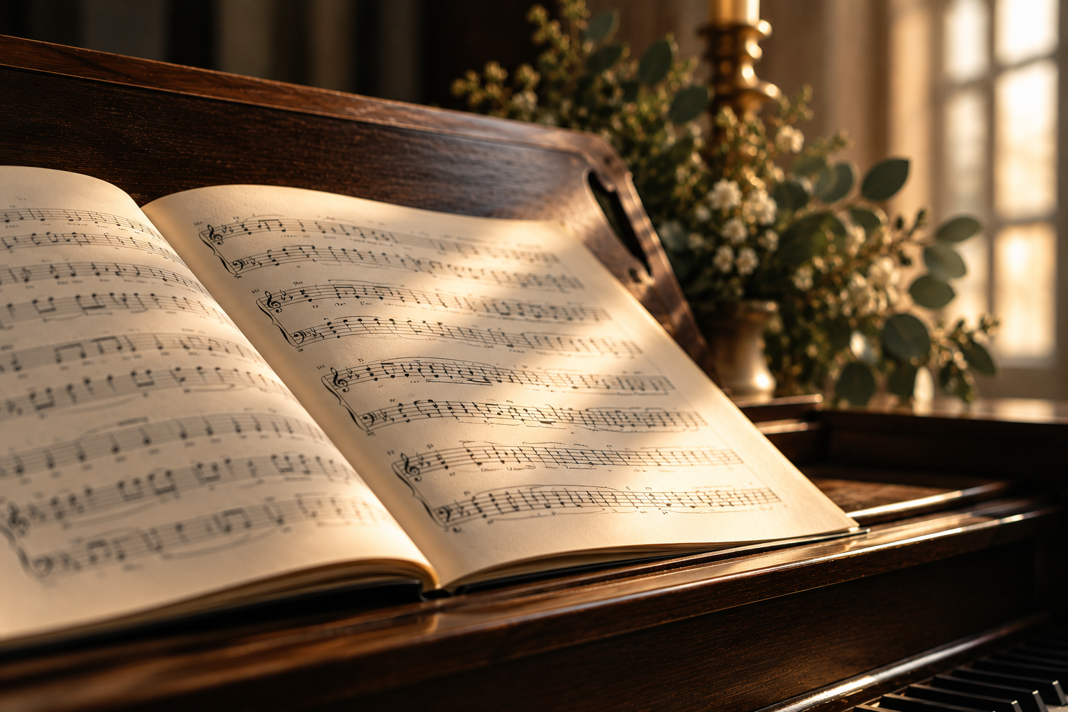 Open choral sheet music on a piano in warm light