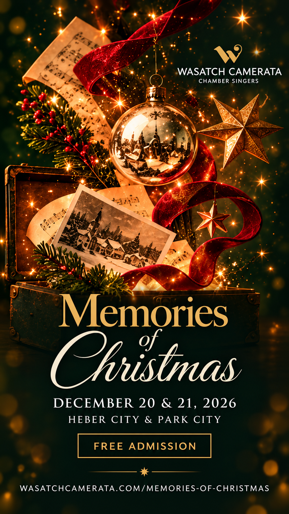 Wasatch Camerata Memories of Christmas candlelit concerts. December 20 and 21, 2026, in Heber City and Park City. Free admission.