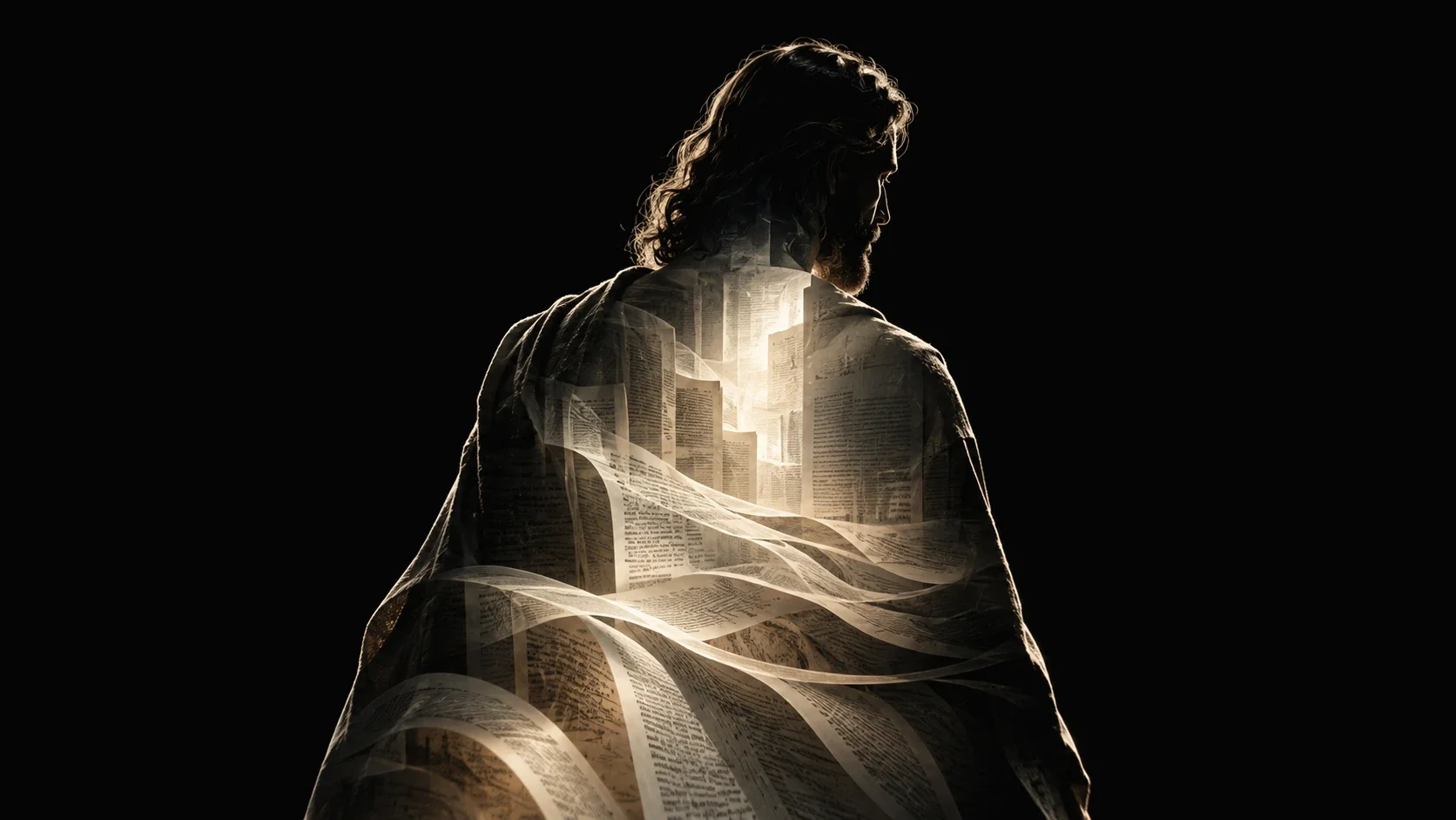 A silhouette of Jesus filled with illuminated pages of Scripture