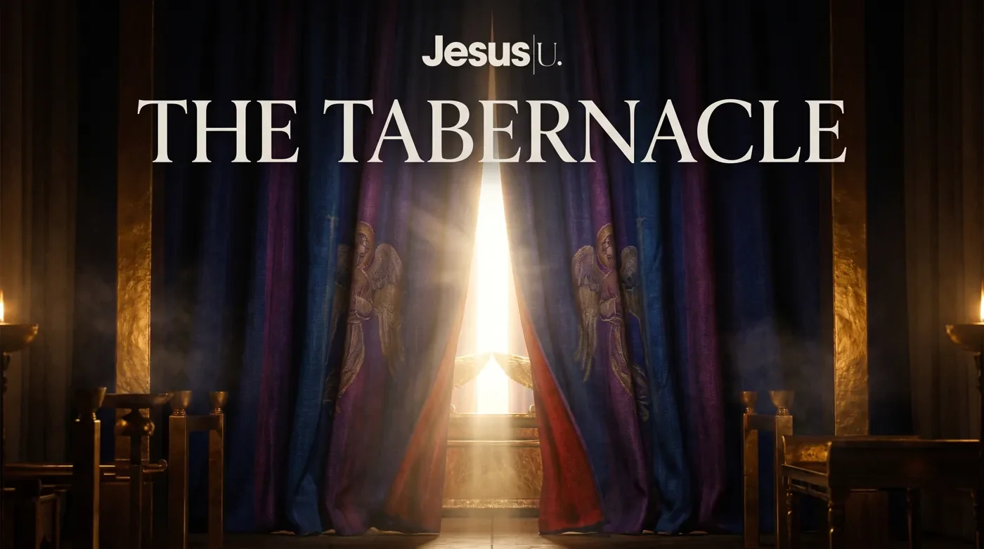Tabernacle course art: a curtain opens to a shaft of light