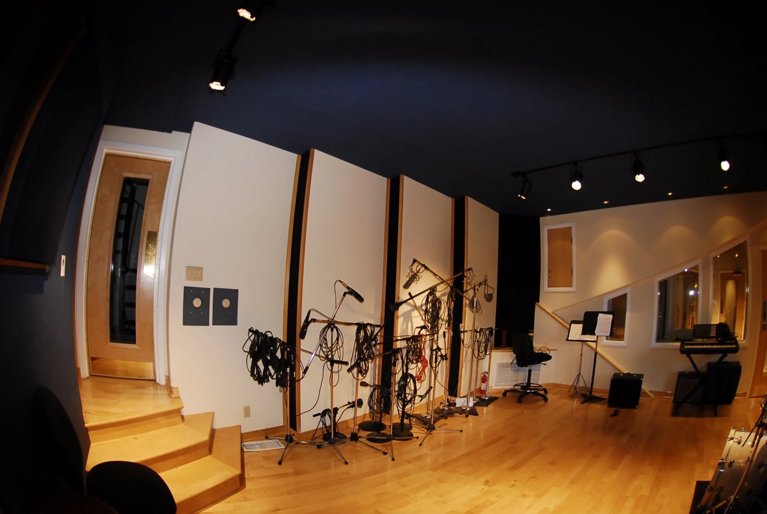 Studio City Hills residential recording live room with drums, microphones and acoustic treatment.