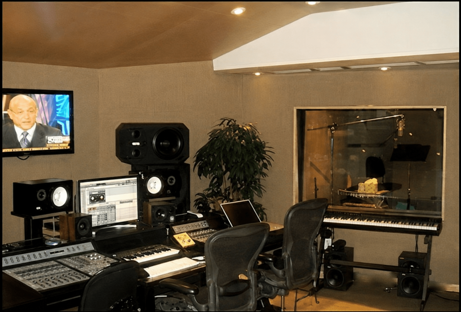 Burbank recording studio control room with SSL E Series console and professional monitoring.