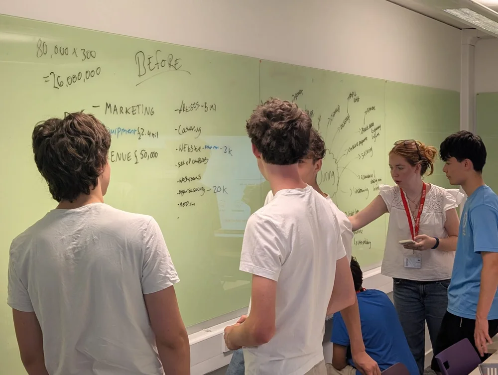 Business participants planning ideas on a whiteboard