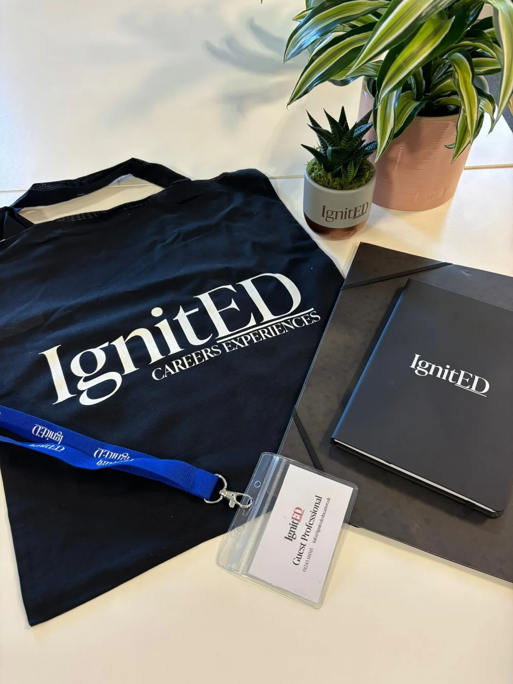 IgnitED tote bag, notebook, folder and lanyard
