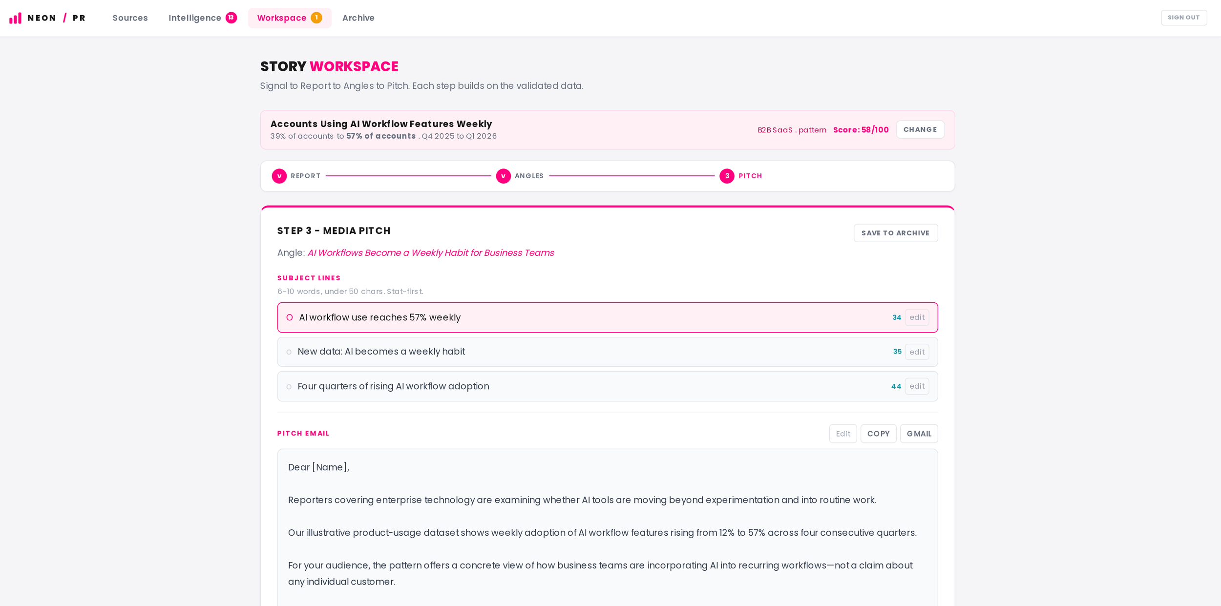 PR Signal media pitch generator showing subject lines, pitch email, and reporter beat recommendations