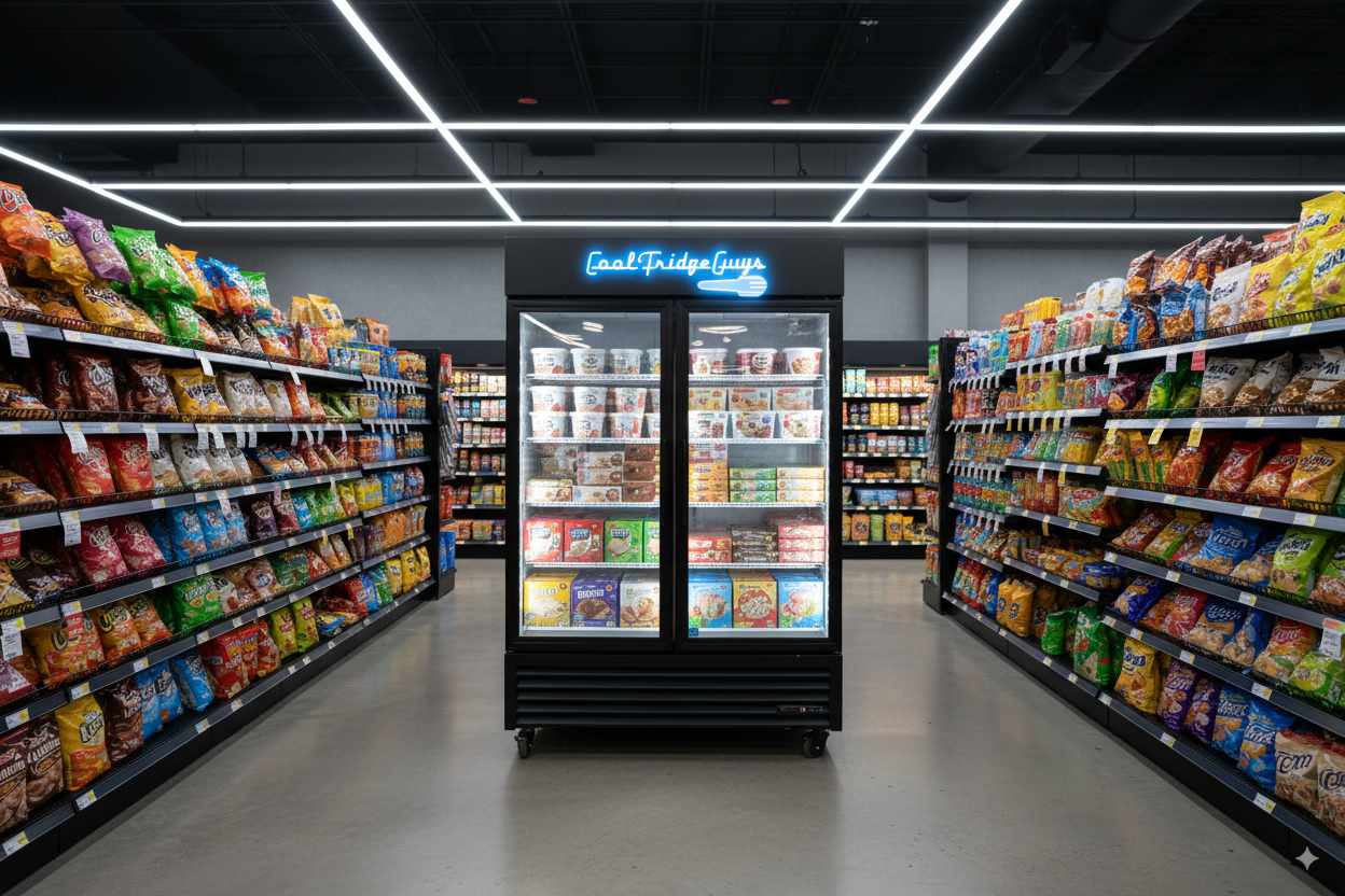 Commercial refrigeration showroom featuring professional-grade coolers and freezers - Cool Fridge Guys warehouse display of refurbished restaurant equipment