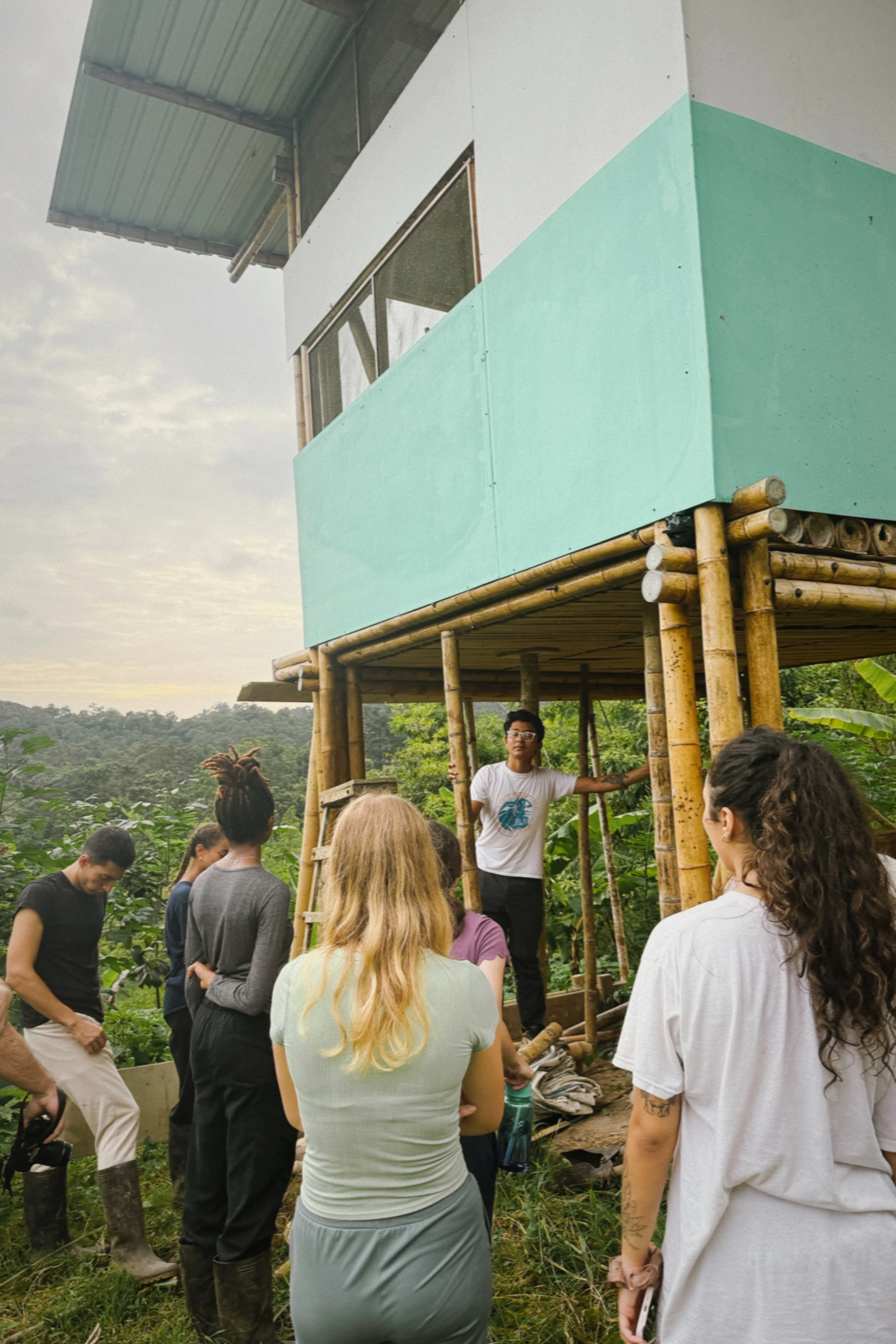 Virginia Tech and RFI participants constructing an experimental bamboo structure at Los Arboleros.