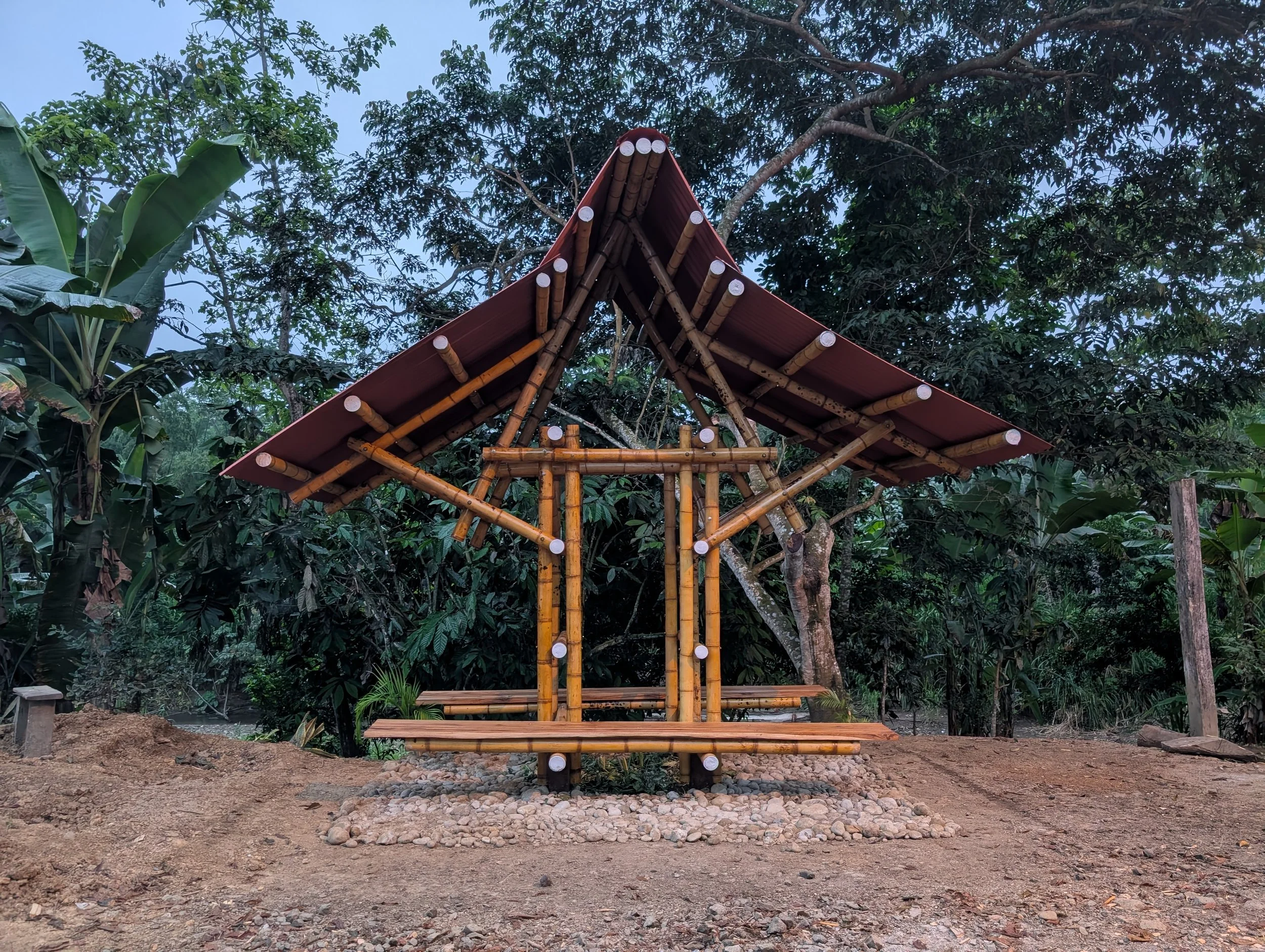 Bamboo social-interest housing pilot developed through regional partnerships in Pastaza, Ecuador.