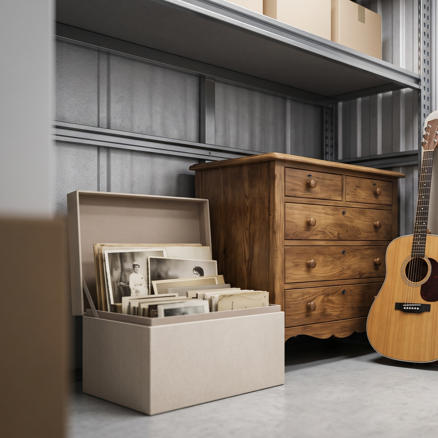 climate-controlled storage unit with stacked boxes and wooden furniture