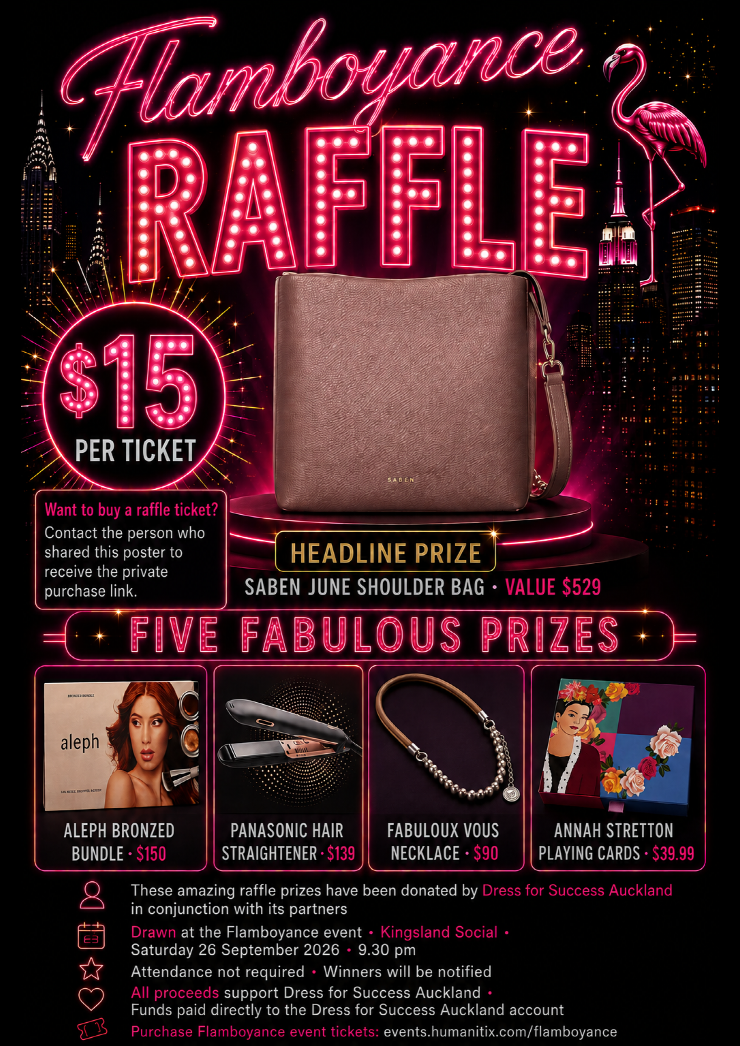 Flamboyance Raffle poster showing the five raffle prizes