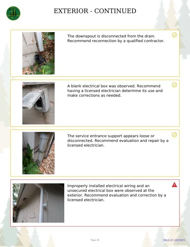 Exterior findings page from the anonymized Timber Coast inspection report