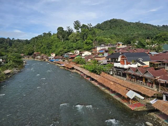Thatched riverside terraces trace the edge of Bukit Lawang, with forest rising immediately behind the village.
