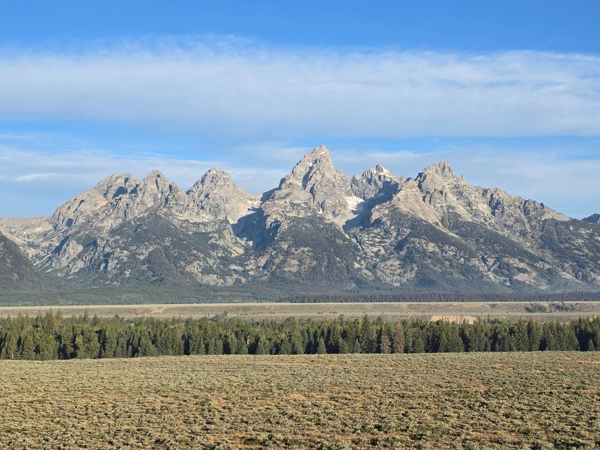 The Teton Range rises above sagebrush flats and a band of forest.