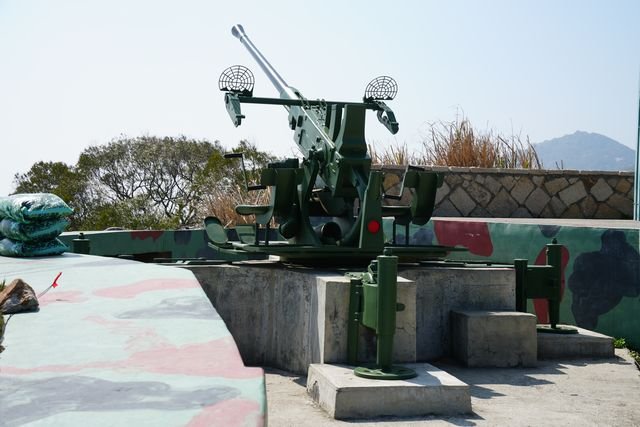 An artillery gun stands on a concrete emplacement behind camouflage-painted walls.