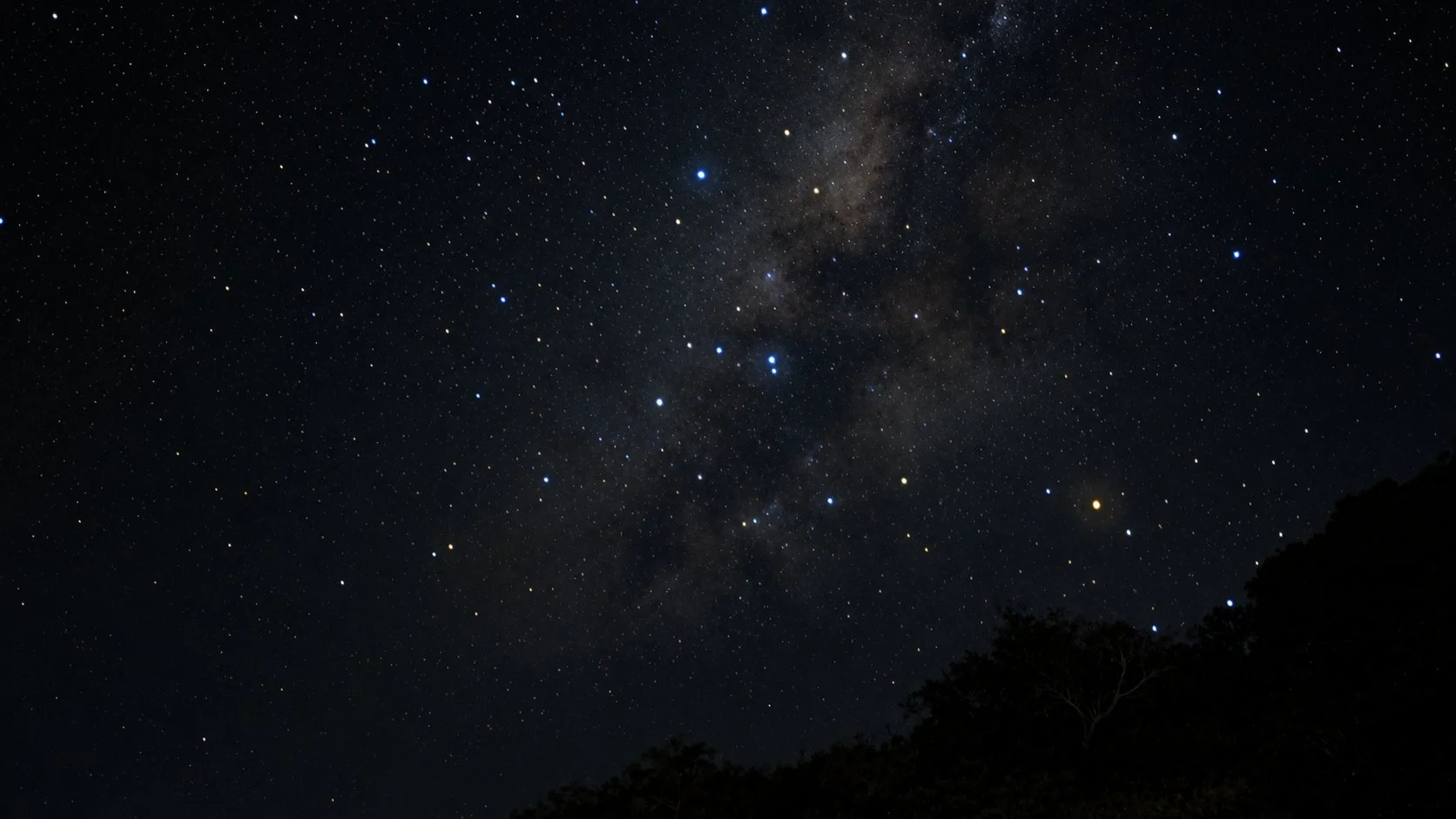 The Milky Way stretches across the sky above a silhouette of rainforest.