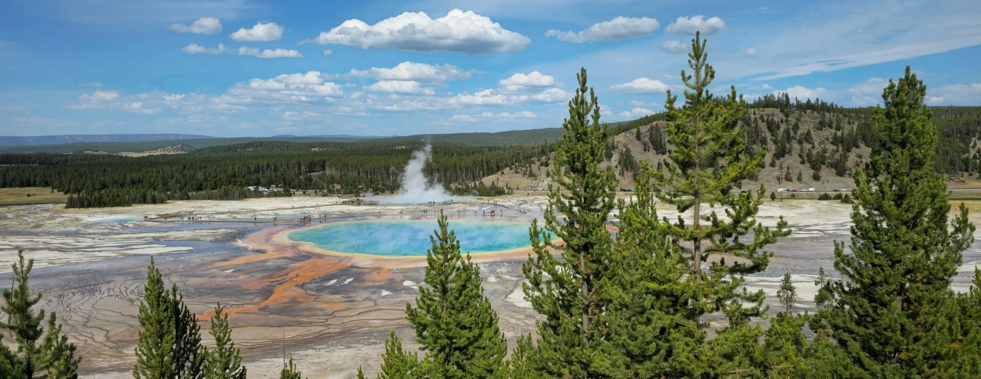 Grand Prismatic Spring glows blue at the centre, with yellow and orange microbial mats spreading into the surrounding basin.