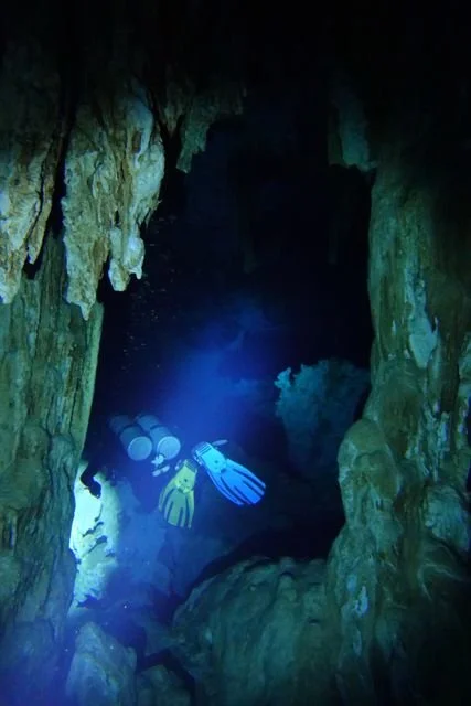 Seen from behind, a diver passes between tall cave formations.