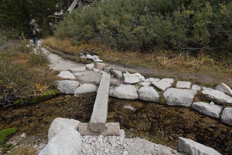 A narrow timber footbridge crosses a clear stream on the wooded lower trail.