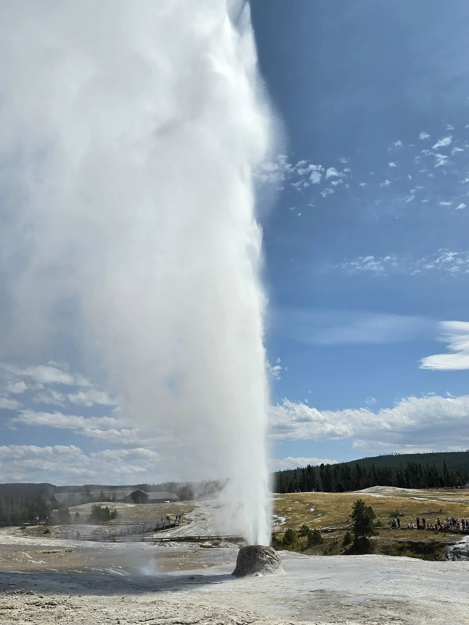 A narrow jet rises from Beehive Geyser and spreads into a towering white plume.