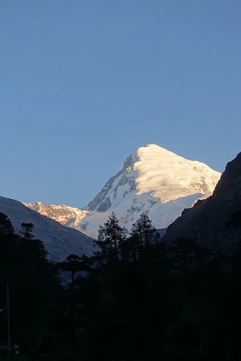 Sunlight reaches Chomolhari while the trees and lower valley remain in shade.