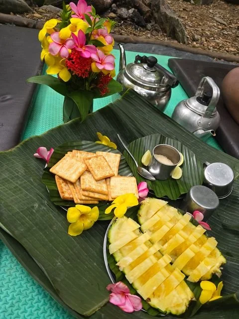 Pineapple, biscuits and tea are arranged on broad leaves at camp.