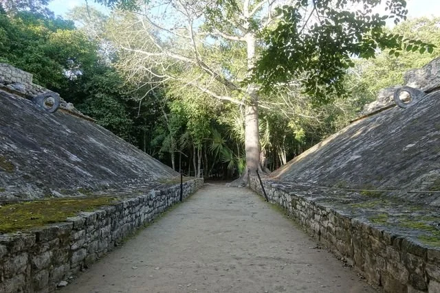 Stone rings face each other across a ballcourt at Cobá.