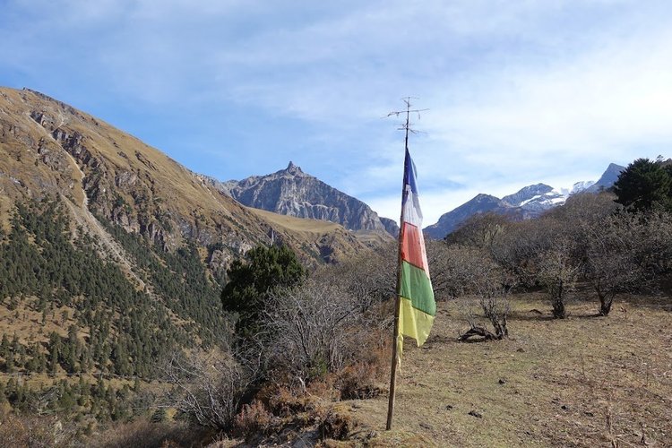 A tall prayer flag overlooks the wooded slopes on the morning climb from Yaktsa.