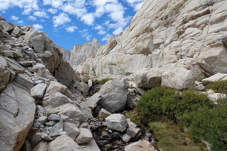 A narrow stream descends between granite boulders, bordered by low green shrubs beneath the rock walls.